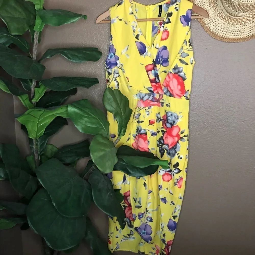 NWT Yellow Floral Mock Wrap Sleeveless Dress SMALL